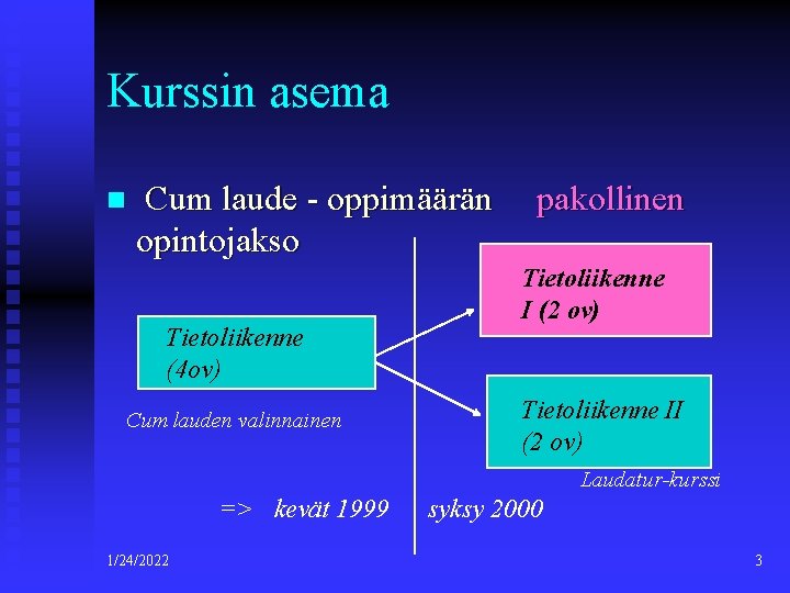 Kurssin asema n Cum laude - oppimäärän opintojakso Tietoliikenne (4 ov) Cum lauden valinnainen