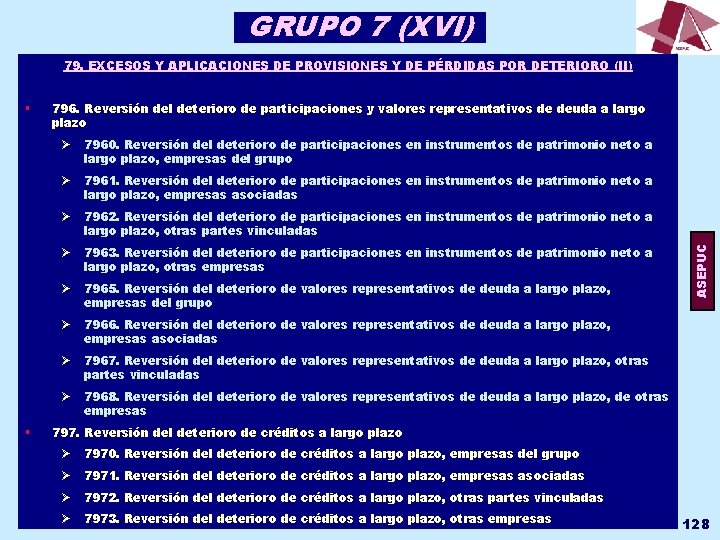 GRUPO 7 (XVI) 79. EXCESOS Y APLICACIONES DE PROVISIONES Y DE PÉRDIDAS POR DETERIORO