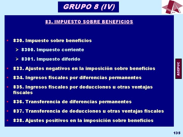 GRUPO 8 (IV) 83. IMPUESTO SOBRE BENEFICIOS § 830. Impuesto sobre beneficios Ø 8301.