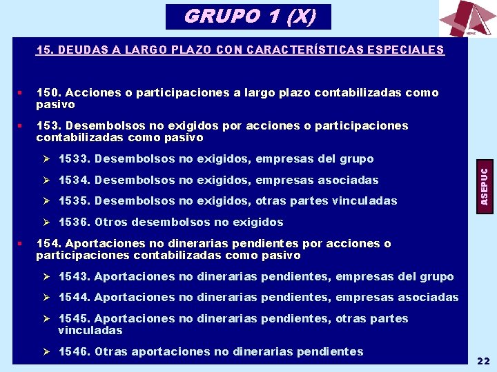 GRUPO 1 (X) 15. DEUDAS A LARGO PLAZO CON CARACTERÍSTICAS ESPECIALES § 150. Acciones
