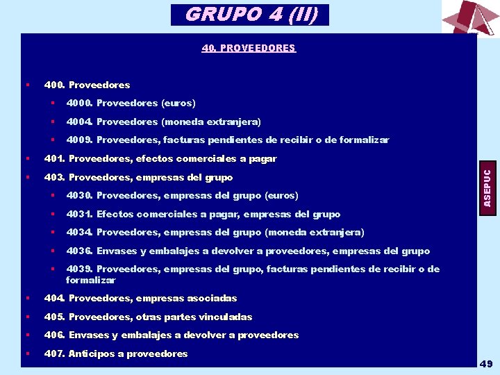 GRUPO 4 (II) 40. PROVEEDORES 400. Proveedores § 4000. Proveedores (euros) § 4004. Proveedores