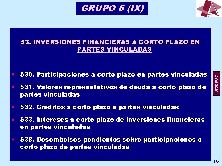 GRUPO 5 (IX) § 530. Participaciones a corto plazo en partes vinculadas § 531.