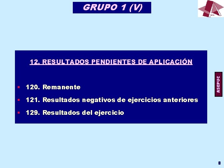 GRUPO 1 (V) § 120. Remanente ASEPUC 12. RESULTADOS PENDIENTES DE APLICACIÓN § 121.