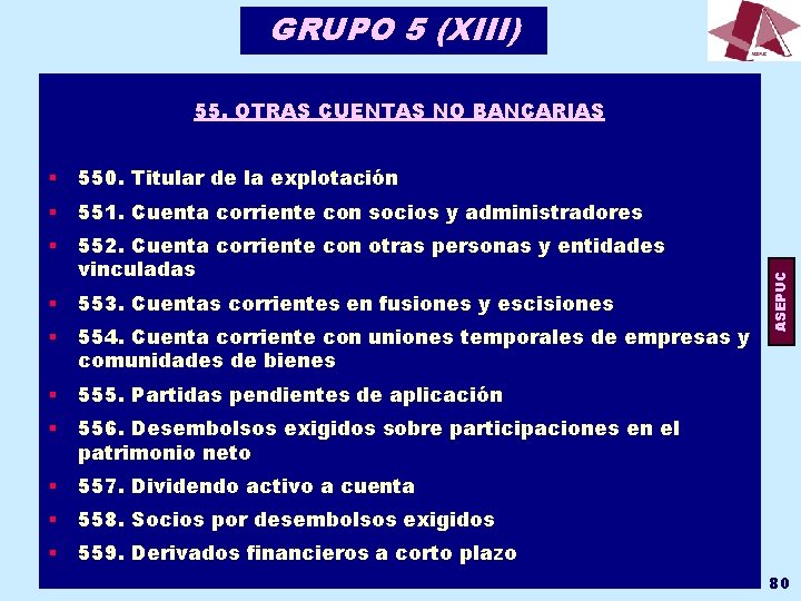 GRUPO 5 (XIII) § 550. Titular de la explotación § 551. Cuenta corriente con