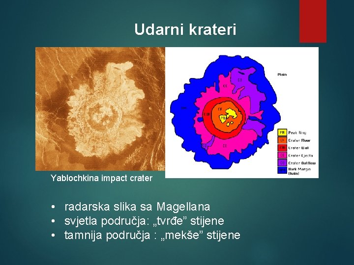 Udarni krateri Yablochkina impact crater • radarska slika sa Magellana • svjetla područja: „tvrđe”