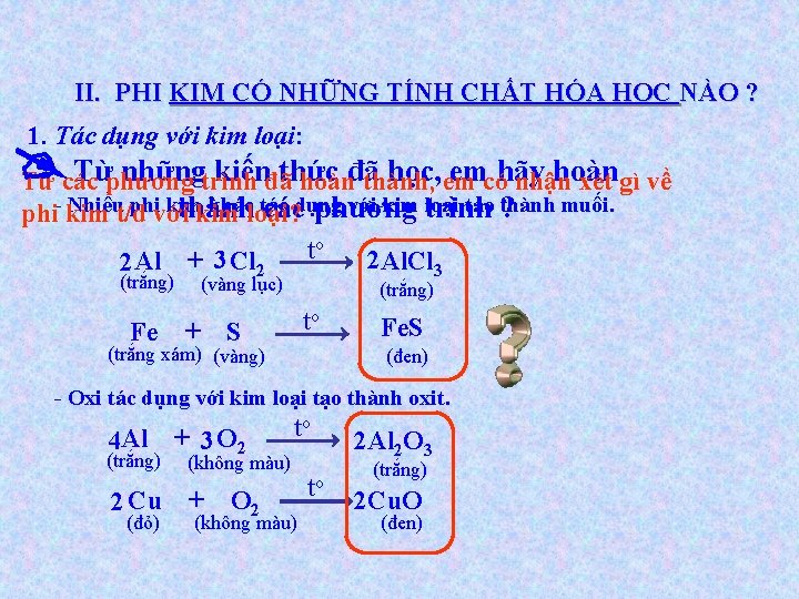 II. PHI KIM CÓ NHỮNG TÍNH CHẤT HÓA HỌC NÀO ? 1. Tác dụng II. PHI KIM CÓ NHỮNG TÍNH CHẤT HÓA HỌC NÀO ? 1. Tác dụng