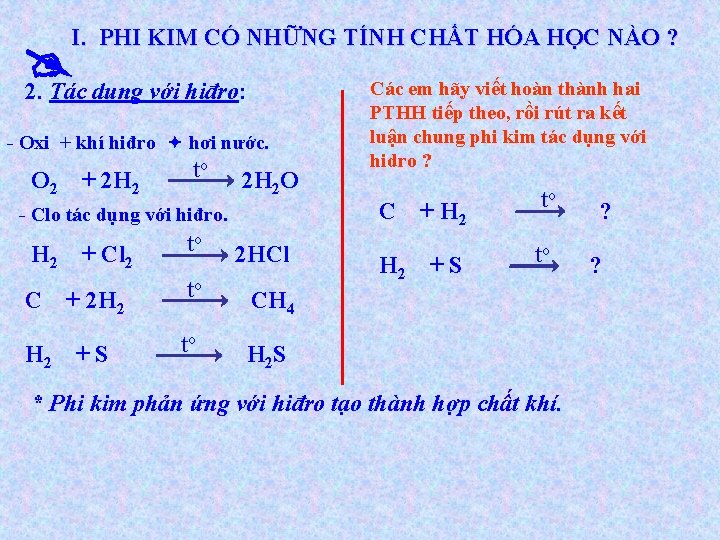 I. PHI KIM CÓ NHỮNG TÍNH CHẤT HÓA HỌC NÀO ? 2. Tác dụng