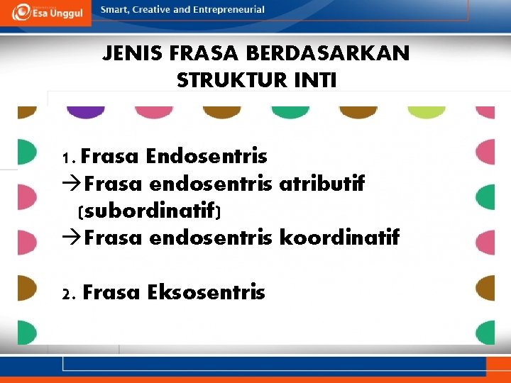 JENIS FRASA BERDASARKAN STRUKTUR INTI 1. Frasa Endosentris Frasa endosentris atributif (subordinatif) Frasa endosentris
