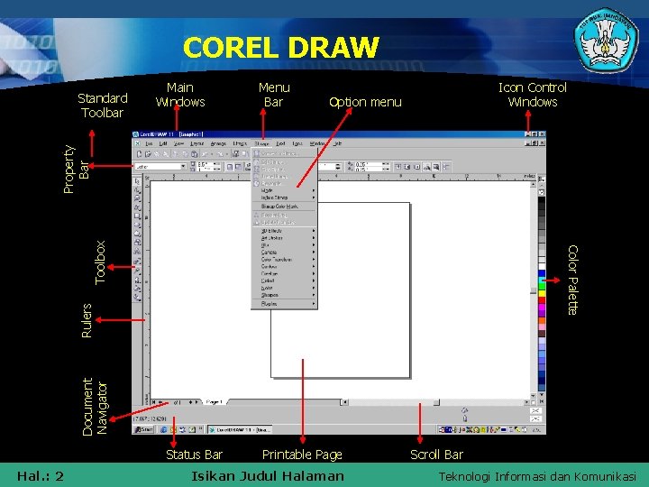 COREL DRAW Main Windows Menu Bar Icon Control Windows Option menu Document Navigator Rulers