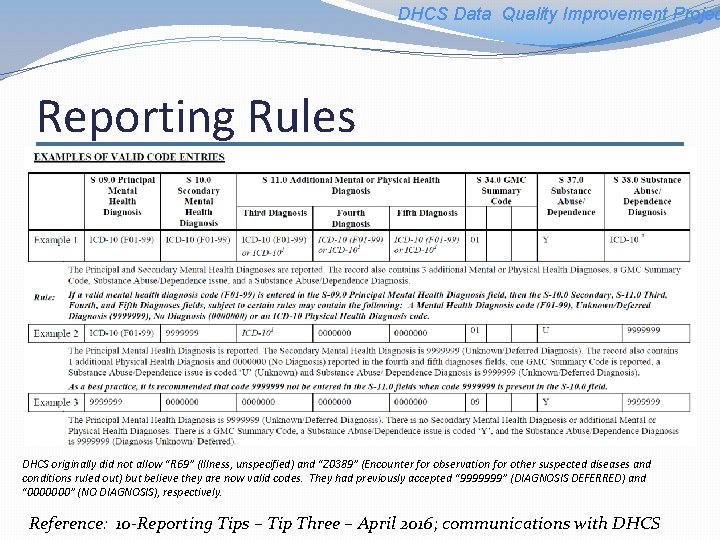 DHCS Data Quality Improvement Projec Reporting Rules DHCS originally did not allow “R 69”