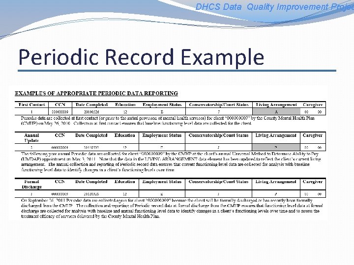 DHCS Data Quality Improvement Projec Periodic Record Example 