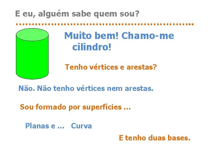 E eu, alguém sabe quem sou? ………………………. . Muito bem! Chamo-me cilindro! Tenho vértices