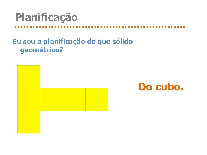 Planificação ………………………. . Eu sou a planificação de que sólido geométrico? Do cubo. 