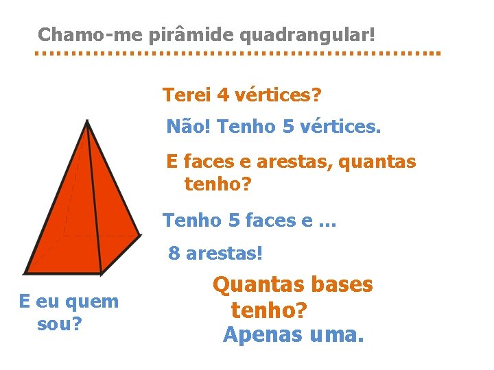 Chamo-me pirâmide quadrangular! ………………………. . Terei 4 vértices? Não! Tenho 5 vértices. E faces
