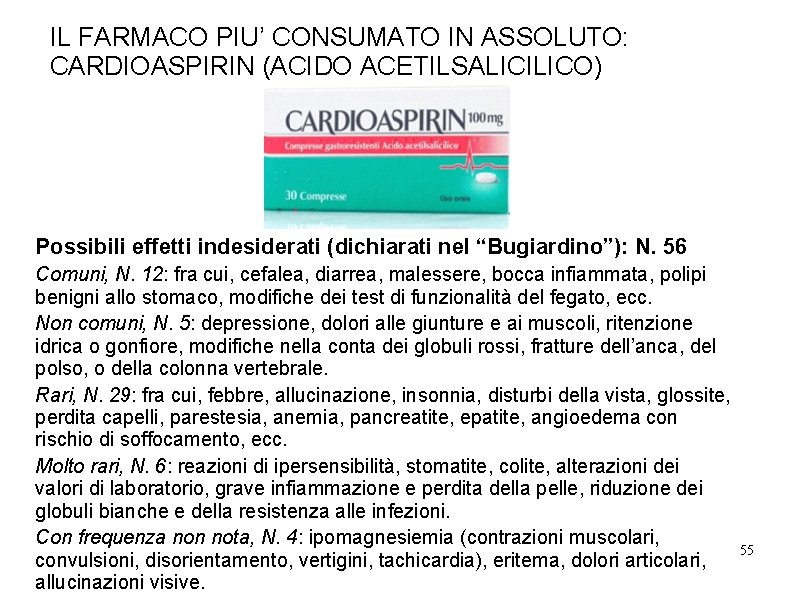 IL FARMACO PIU’ CONSUMATO IN ASSOLUTO: CARDIOASPIRIN (ACIDO ACETILSALICILICO) Possibili effetti indesiderati (dichiarati nel