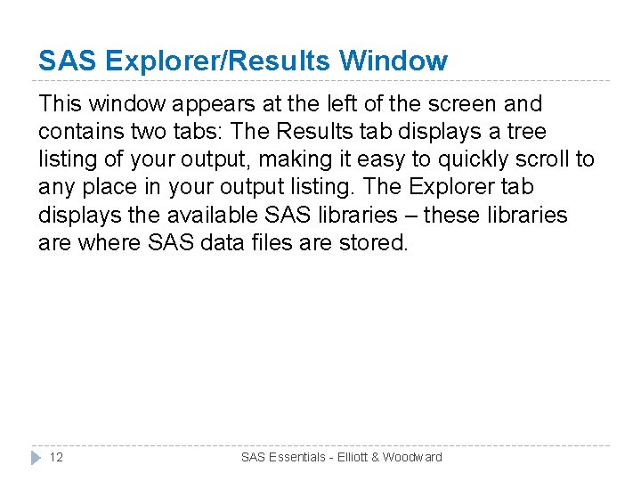 SAS Explorer/Results Window This window appears at the left of the screen and contains