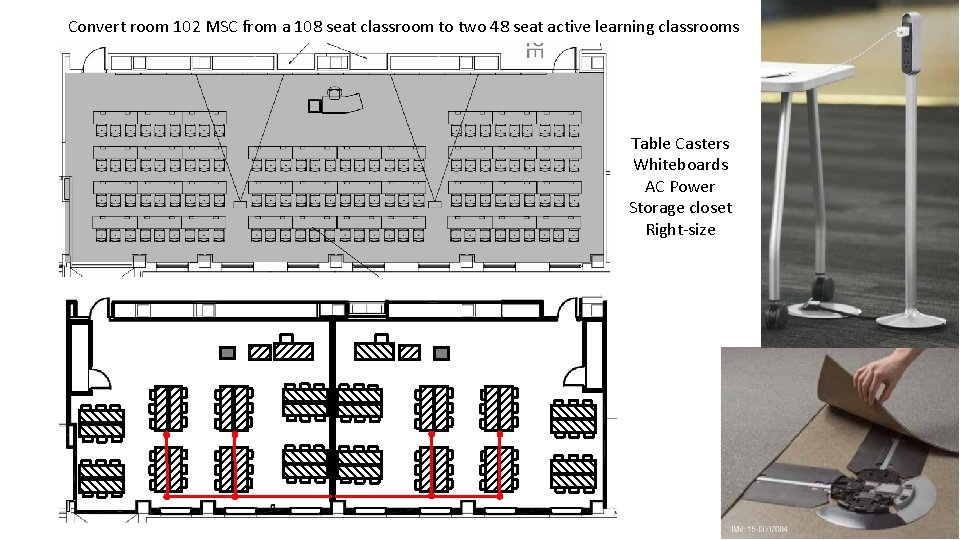 Convert room 102 MSC from a 108 seat classroom to two 48 seat active