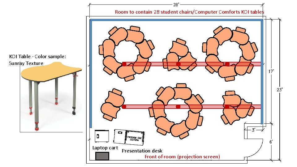 Room to contain 28 student chairs/Computer Comforts KOI tables KOI Table - Color sample: