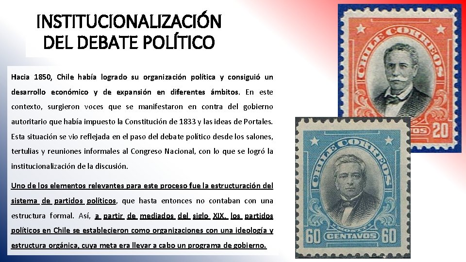 INSTITUCIONALIZACIÓN DEL DEBATE POLÍTICO Hacia 1850, Chile había logrado su organización política y consiguió