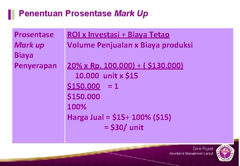 Penentuan Prosentase Mark Up Prosentase Mark up Biaya Penyerapan ROI x Investasi + Biaya