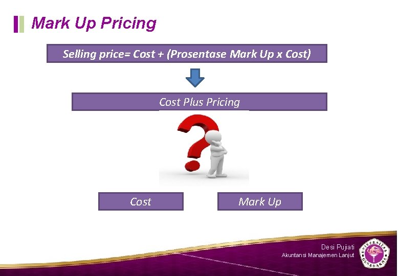 Mark Up Pricing Selling price= Cost + (Prosentase Mark Up x Cost) Cost Plus