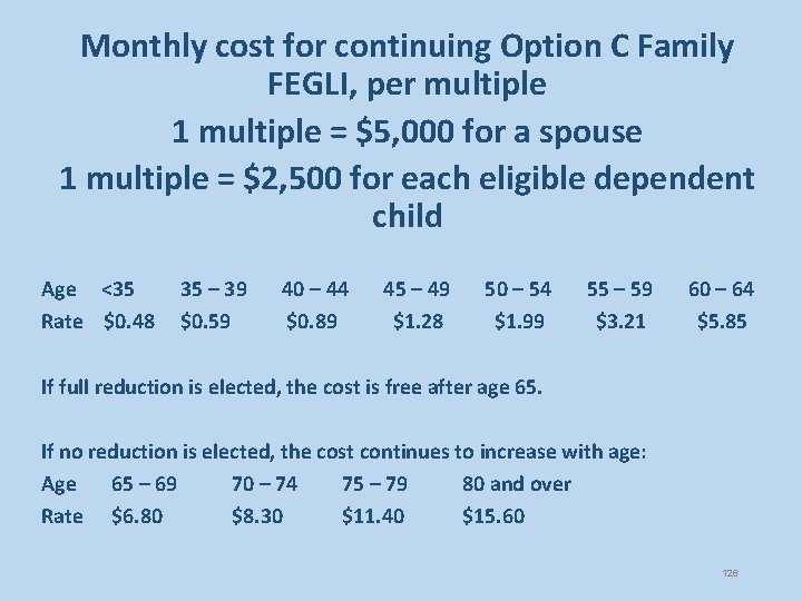 Monthly cost for continuing Option C Family FEGLI, per multiple 1 multiple = $5,