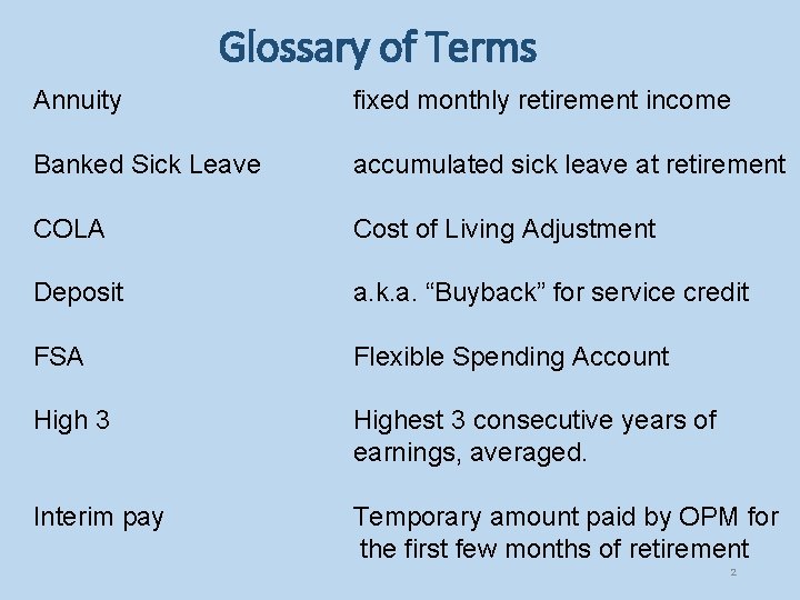 Glossary of Terms Annuity fixed monthly retirement income Banked Sick Leave accumulated sick leave