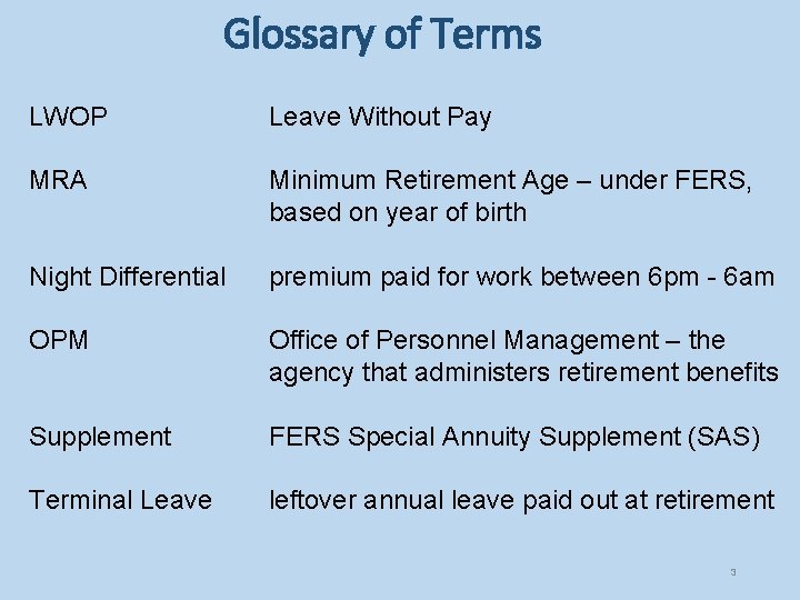 Glossary of Terms LWOP Leave Without Pay MRA Minimum Retirement Age – under FERS,