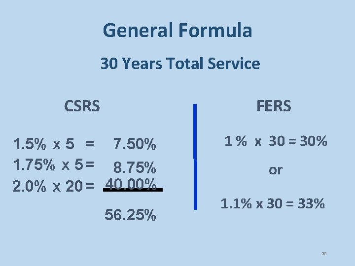 General Formula 30 Years Total Service CSRS FERS 1. 5% x 5 = 7.