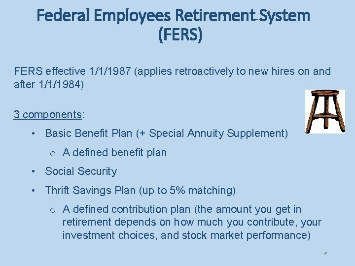 Federal Employees Retirement System (FERS) FERS effective 1/1/1987 (applies retroactively to new hires on