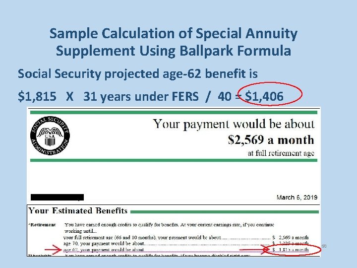 Sample Calculation of Special Annuity Supplement Using Ballpark Formula Social Security projected age-62 benefit