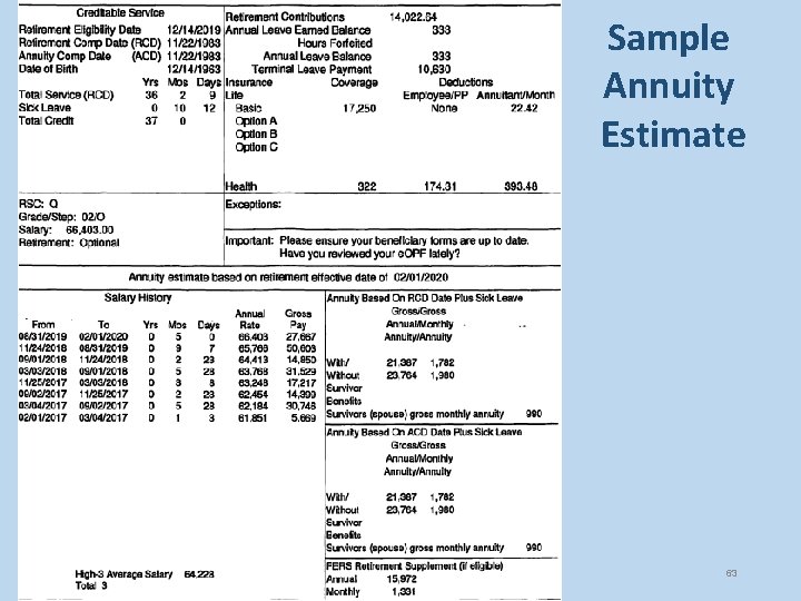 Sample Annuity Estimate 63 