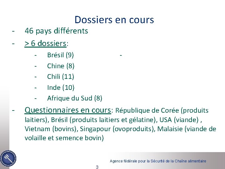 - Dossiers en cours 46 pays différents > 6 dossiers: - - Brésil (9)