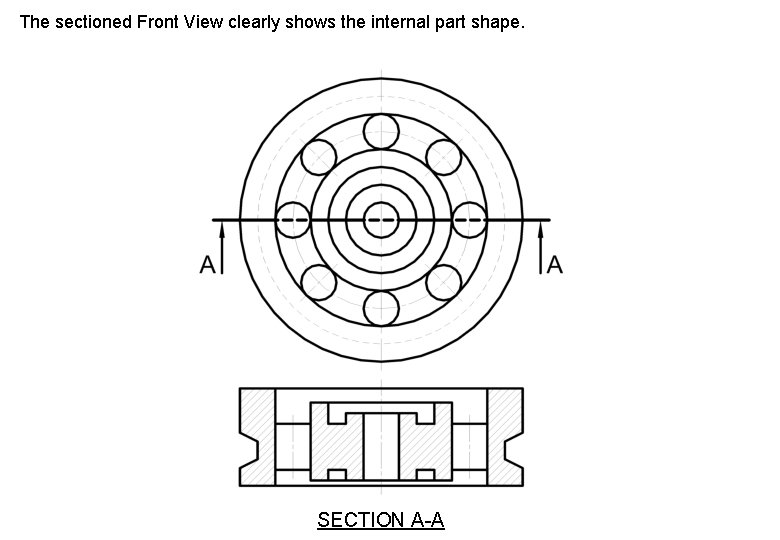 The sectioned Front View clearly shows the internal part shape. SECTION A-A 