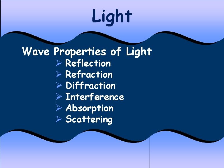 Light Wave Properties of Light Ø Reflection Ø Refraction Ø Diffraction Ø Interference Ø