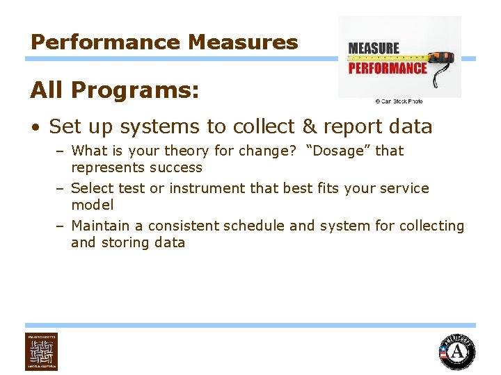 Performance Measures All Programs: • Set up systems to collect & report data –