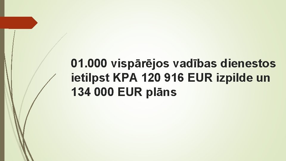 01. 000 vispārējos vadības dienestos ietilpst KPA 120 916 EUR izpilde un 134 000