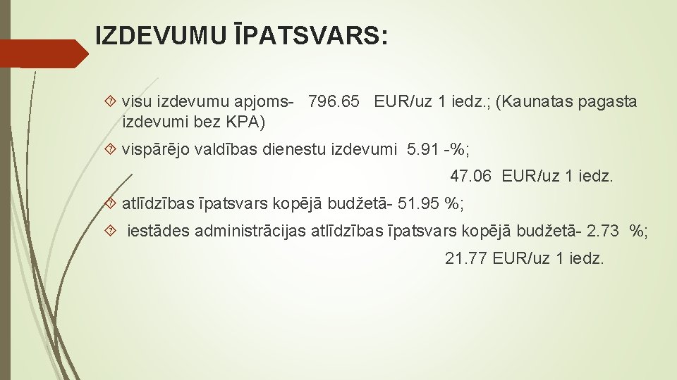 IZDEVUMU ĪPATSVARS: visu izdevumu apjoms- 796. 65 EUR/uz 1 iedz. ; (Kaunatas pagasta izdevumi