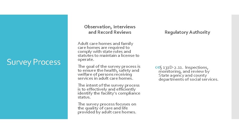 Observation, Interviews and Record Reviews Survey Process Adult care homes and family care homes