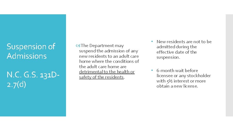 Suspension of Admissions N. C. G. S. 131 D 2. 7(d) The Department may