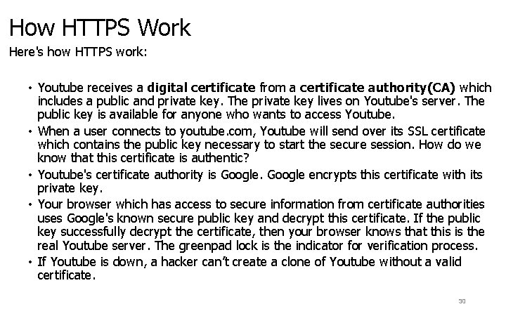 How HTTPS Work Here's how HTTPS work: • Youtube receives a digital certificate from