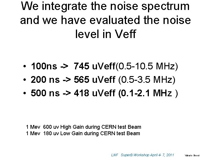 We integrate the noise spectrum and we have evaluated the noise level in Veff