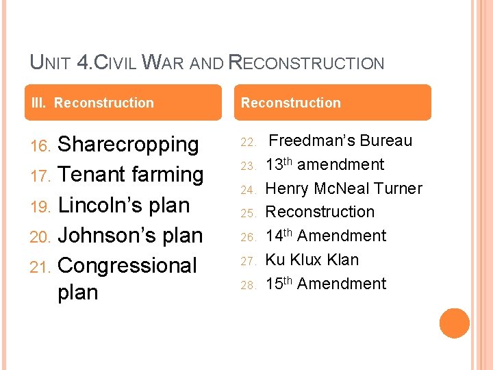 UNIT 4. CIVIL WAR AND RECONSTRUCTION III. Reconstruction Sharecropping 17. Tenant farming 19. Lincoln’s