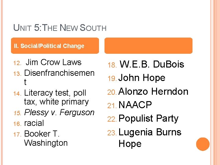 UNIT 5: THE NEW SOUTH II. Social/Political Change 12. 13. 14. 15. 16. 17.