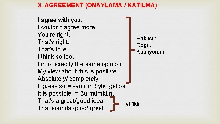 3. AGREEMENT (ONAYLAMA / KATILMA) I agree with you. I couldn’t agree more. You're