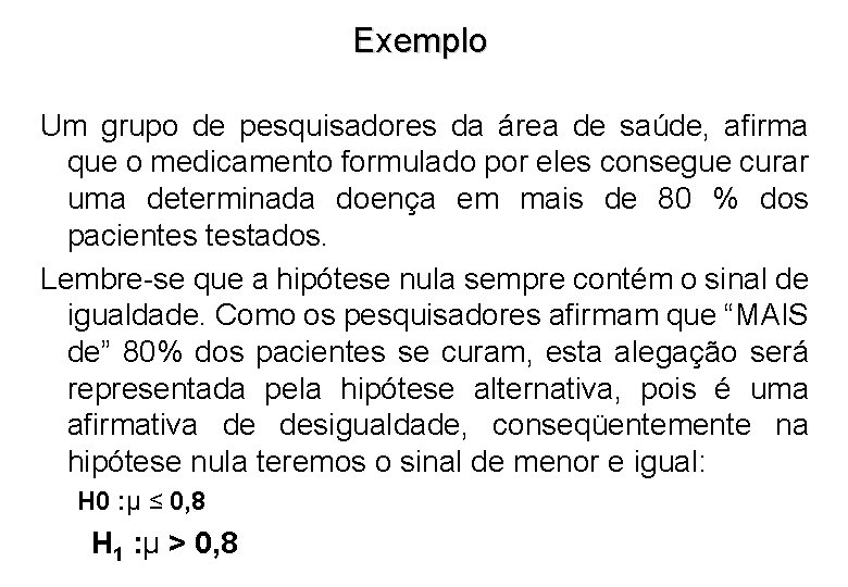 Exemplo Um grupo de pesquisadores da área de saúde, afirma que o medicamento formulado