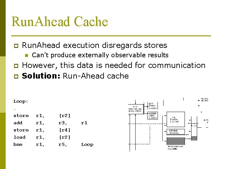 Run. Ahead Cache p Run. Ahead execution disregards stores n p p Can’t produce