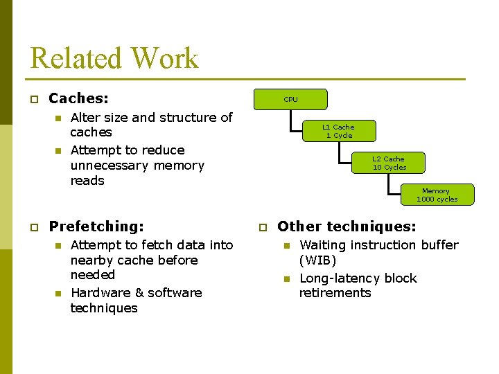 Related Work p Caches: n n p Alter size and structure of caches Attempt