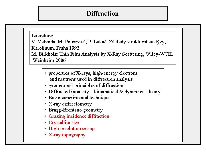 Diffraction Literature: V. Valvoda, M. Polcarová, P. Lukáč: Základy strukturní analýzy, Karolinum, Praha 1992