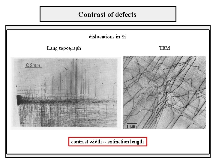 Contrast of defects dislocations in Si Lang topograph contrast width ~ extinction length TEM